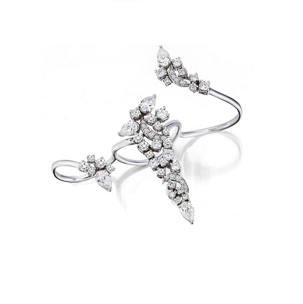 Женское кольцо на 3 пальца из белого золота с бриллиантами